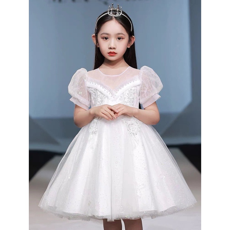 Váy Đầm công chúa ren trắng voan tơ thêu hoa đính ngọc cao cấp cho bé gái 8kg đến 40kg