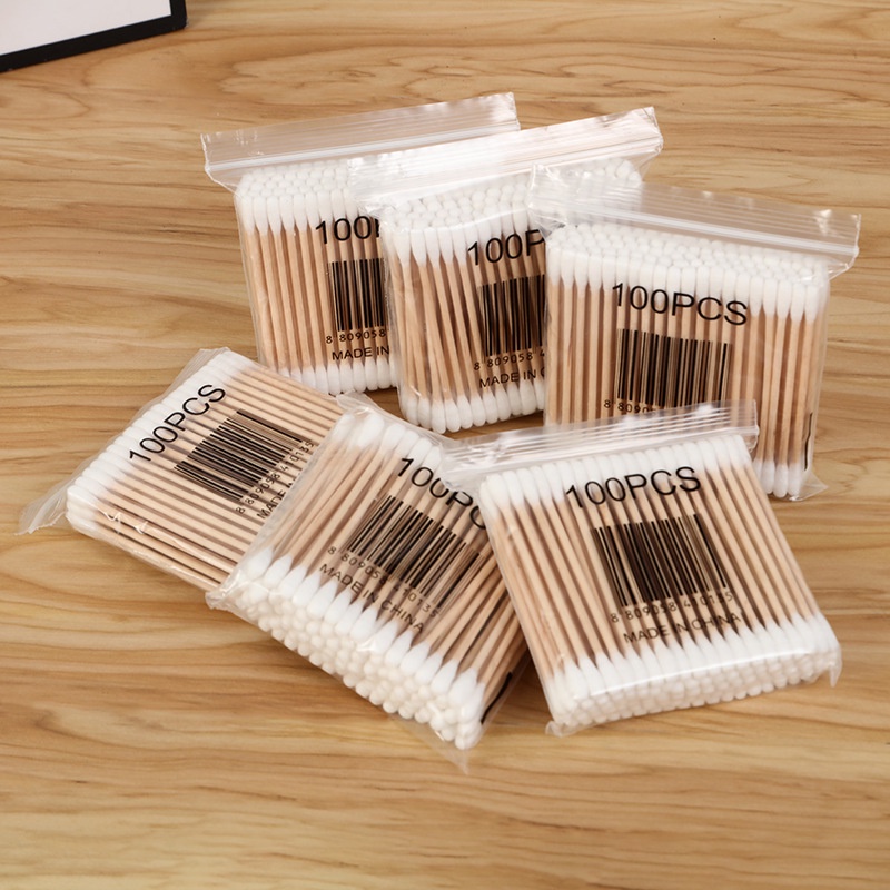 Tăm bông ngoáy tai,100 bông ráy tai thân gỗ khử trùng 2 đầu thân thiện với môi trường