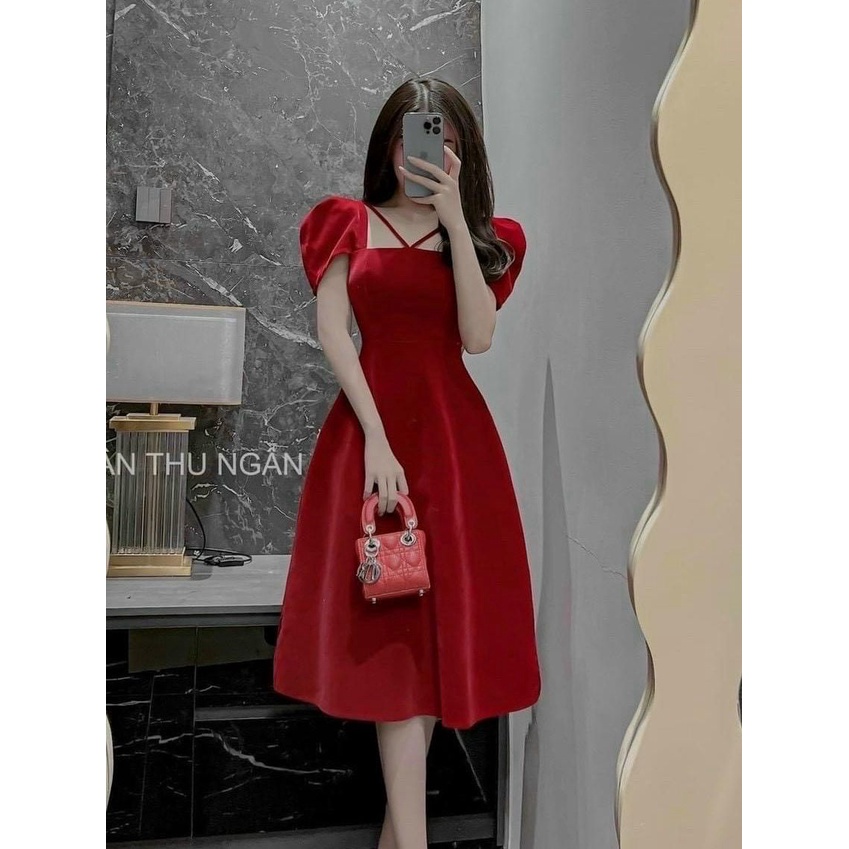 Đầm đi tiệc cưới cổ vuông có mút sang chảnh, váy xòe qua gối, đầm mặc đi đám cưới vải nhung cao cấp hai màu đỏ, đen