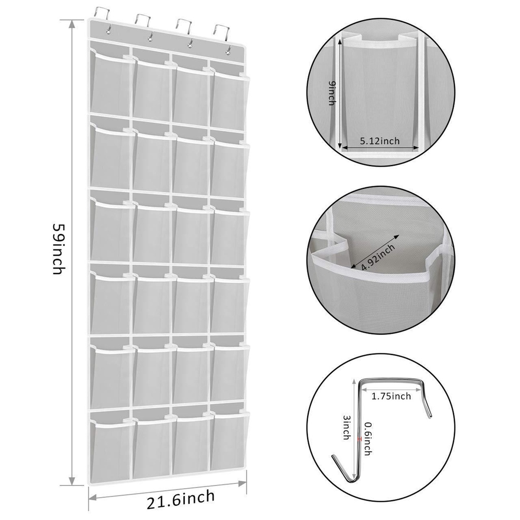 Túi có giá để đồ sắp xếp giày 24 ô w/4 móc treo giày, tất, dép treo trên cửa, móc treo giày, móc treo tủ quần áo phía sau cửa, lưới treo tường, trang phục, giá treo quần áo