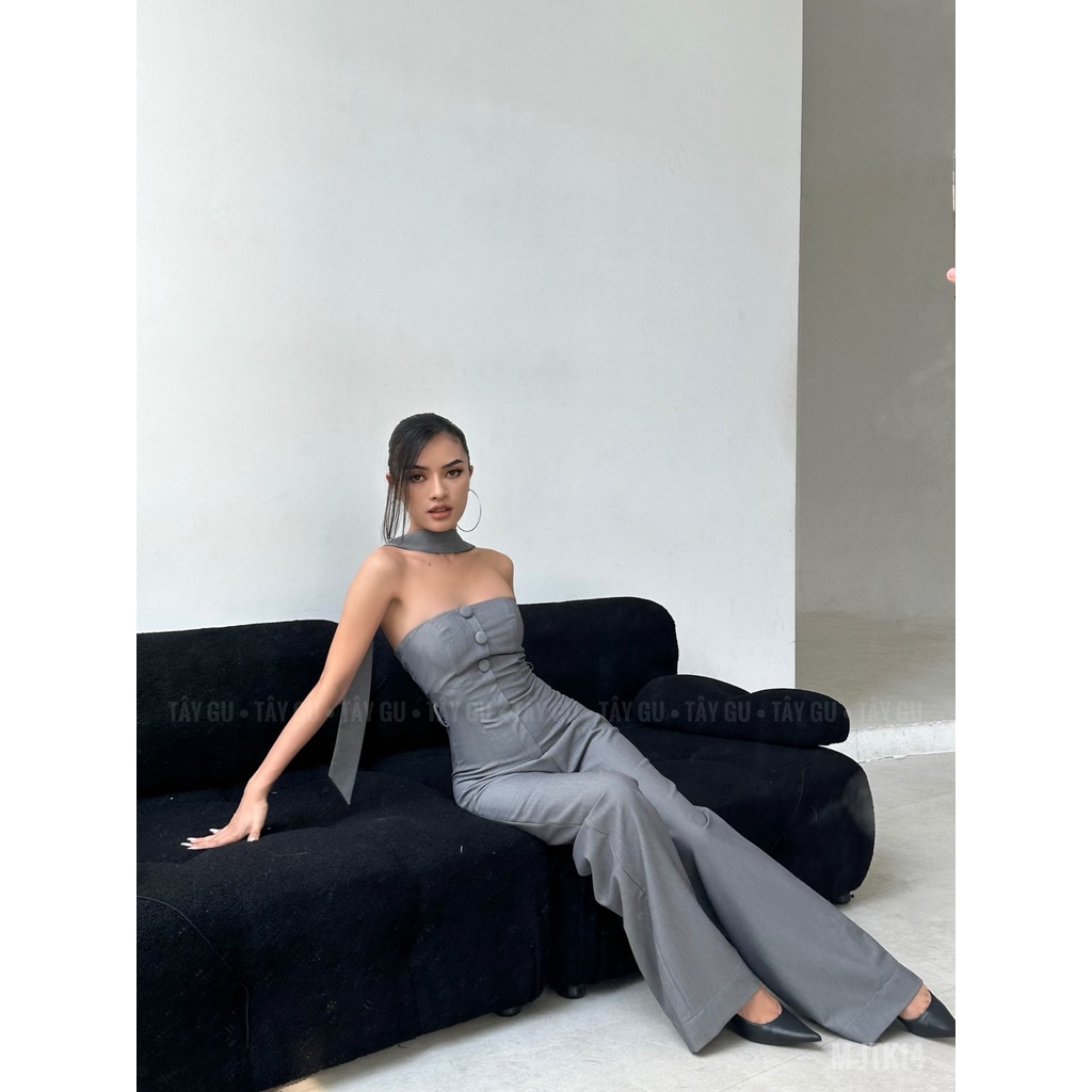 Bộ áo liền quần jumsuit dáng quần suông kèm dây choàng hoặc thắt eo - Tây Gu