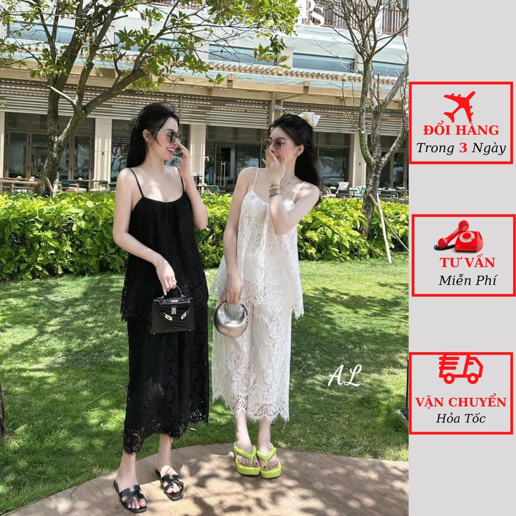 Set ren nữ áo 2 dây kèm quần suông ống rộng tiểu thư bánh bèo đi biển ulzzang Hàn Quốc