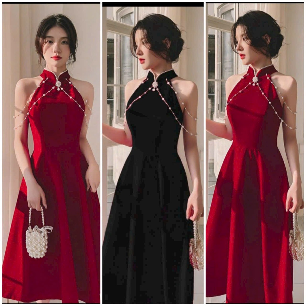 Đầm, váy nữ cổ tàu kết cườm dáng xòe thích hợp dự tiệc với 2 màu sang trọng, tôn dáng