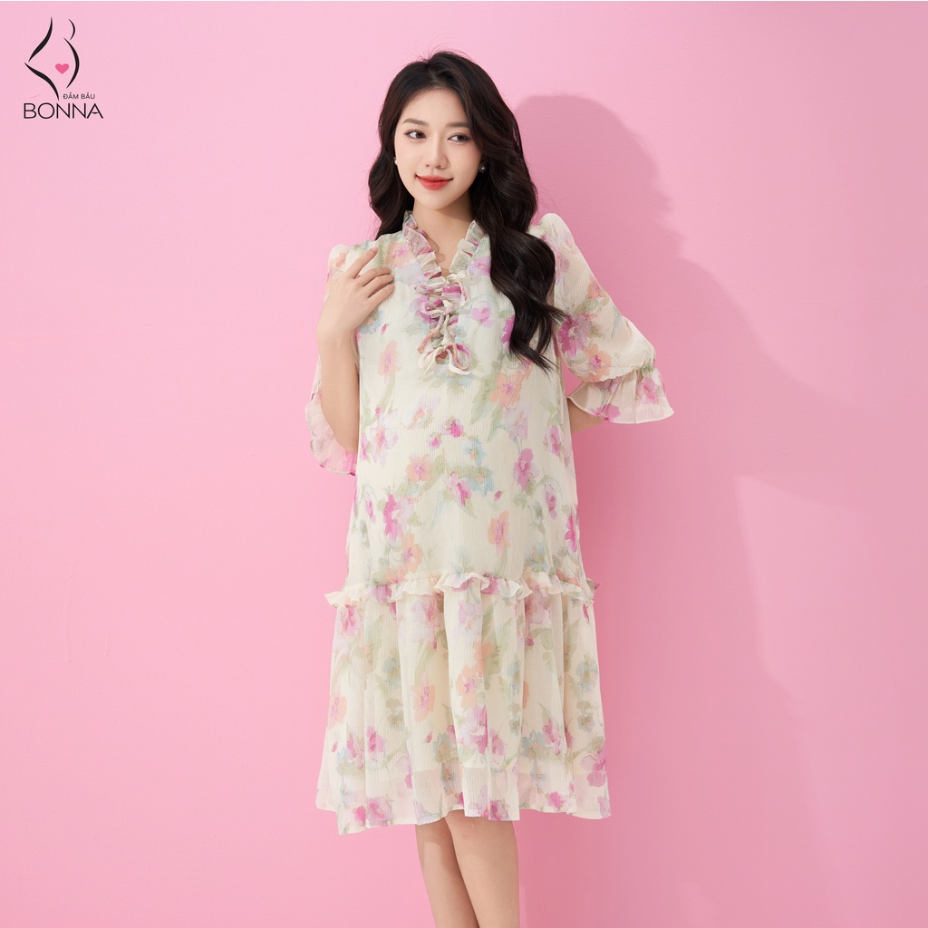 Đầm bầu thiết kế BONNA chất vải cotton nhún cao cấp, dáng suông chân váy đuôi cá nhẹ nhàng, cổ phối bèo nữ tính VS328
