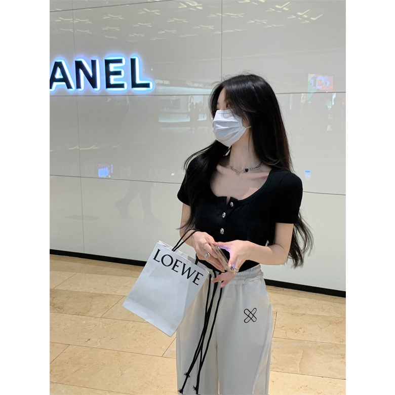 Áo Thun Ngắn Tay + Quần Dài Lưng Cao Thêu Chữ Thời Trang Nữ