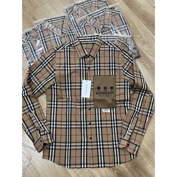 Áo Sơ Mi Dài Tay Nam Nữ Chất Liệu Cotton  Kẻ Sọc Caro Màu Be Không Nhăn Thêu Túi Ngực Phong Cách