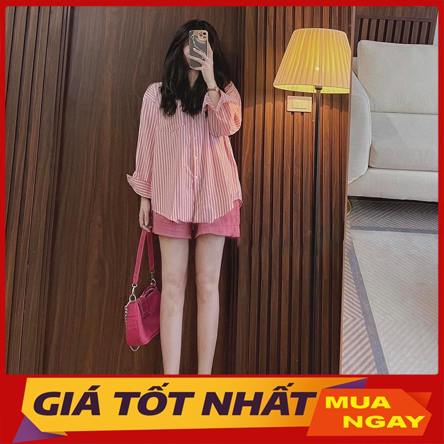 Set Bộ Nữ Áo Sơ Mi Kẻ Sọc Mix Quần Short Kaki Màu Hồng Hàng Quảng Châu AP080 - Yamy888