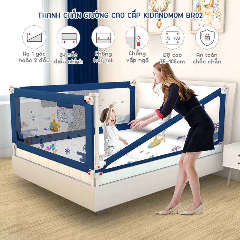 Thanh chắn giường cao cấp KidAndMom BR02 cao 105cm chống kẹt trượt lên xuống Giá 1 thanh Cho Bé An Toàn