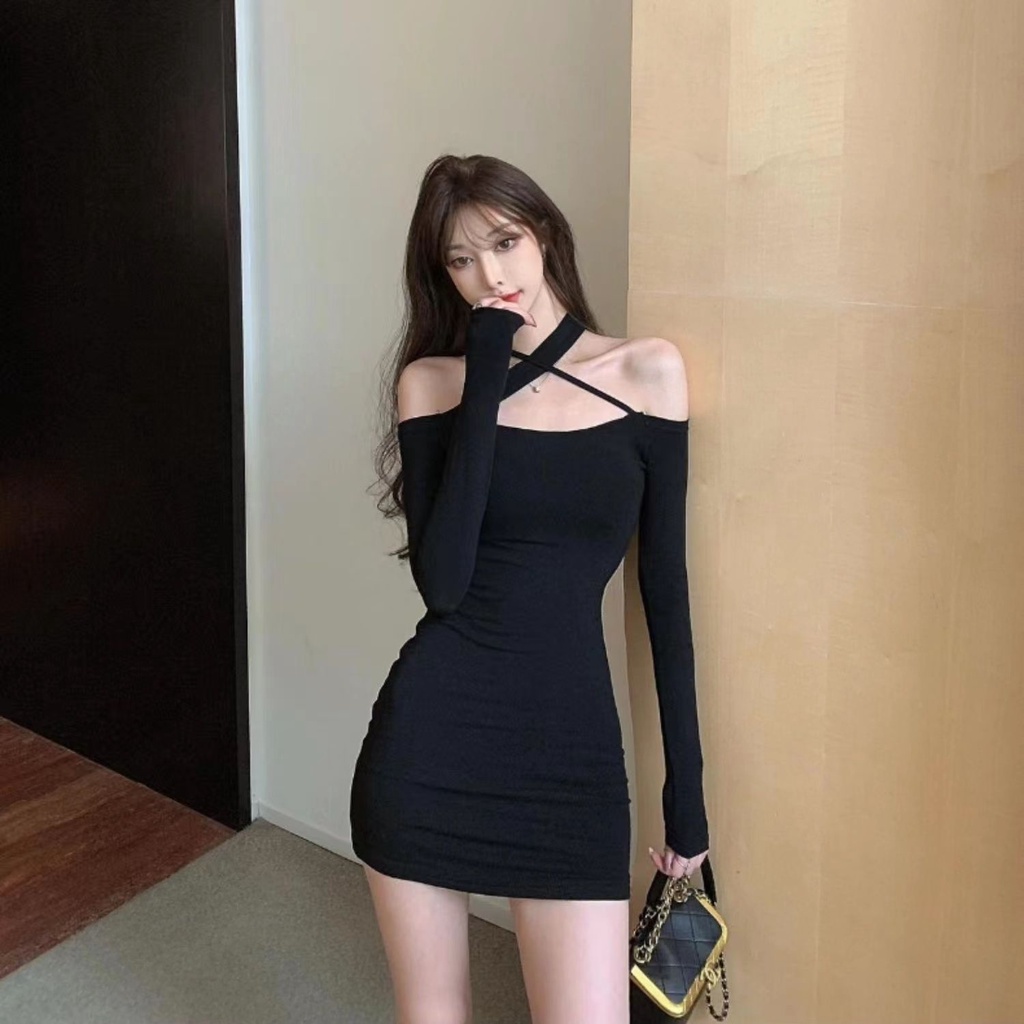 Đầm body trễ vai Wyne có dây đan chéo cổ, Đầm Body Sexy Hở Vai Dài Tay Mặc Đi Tiệc