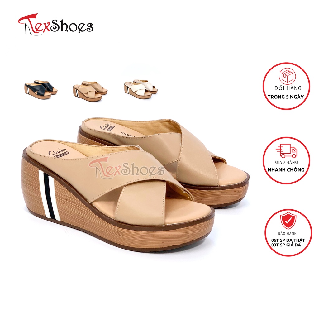 Guốc đế xuồng sọc quai chéo, dép cao gót siêu êm TEX SHOES