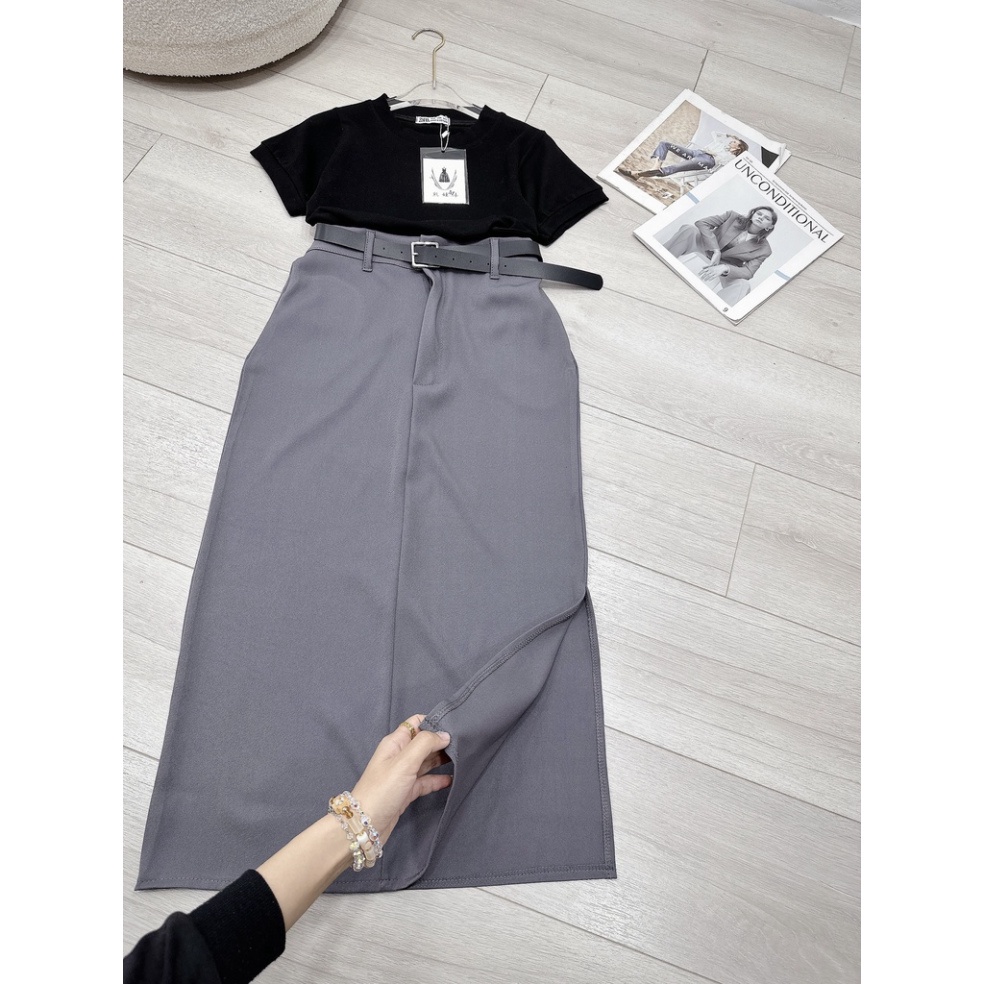 Set Áo Đen Mix Chân Váy Xám Dáng Dài, Xẻ 1 Bên Siêu Hót