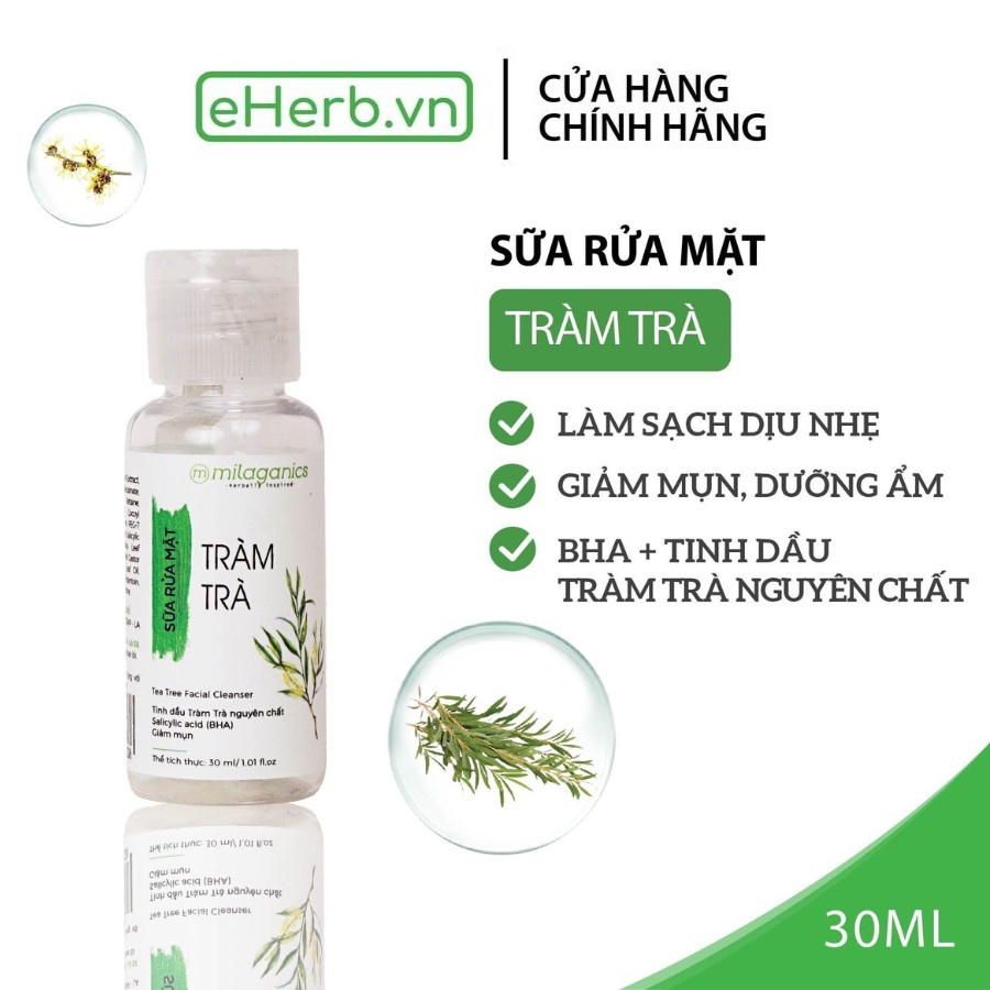 Sữa rửa mặt dạng gel MILAGANICS tràm trà tea tree ngừa mụn, giảm dầu 30ml (chai)