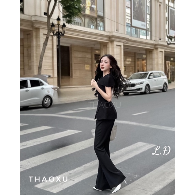 Set áo pelum cúc đá hoa + quần suông