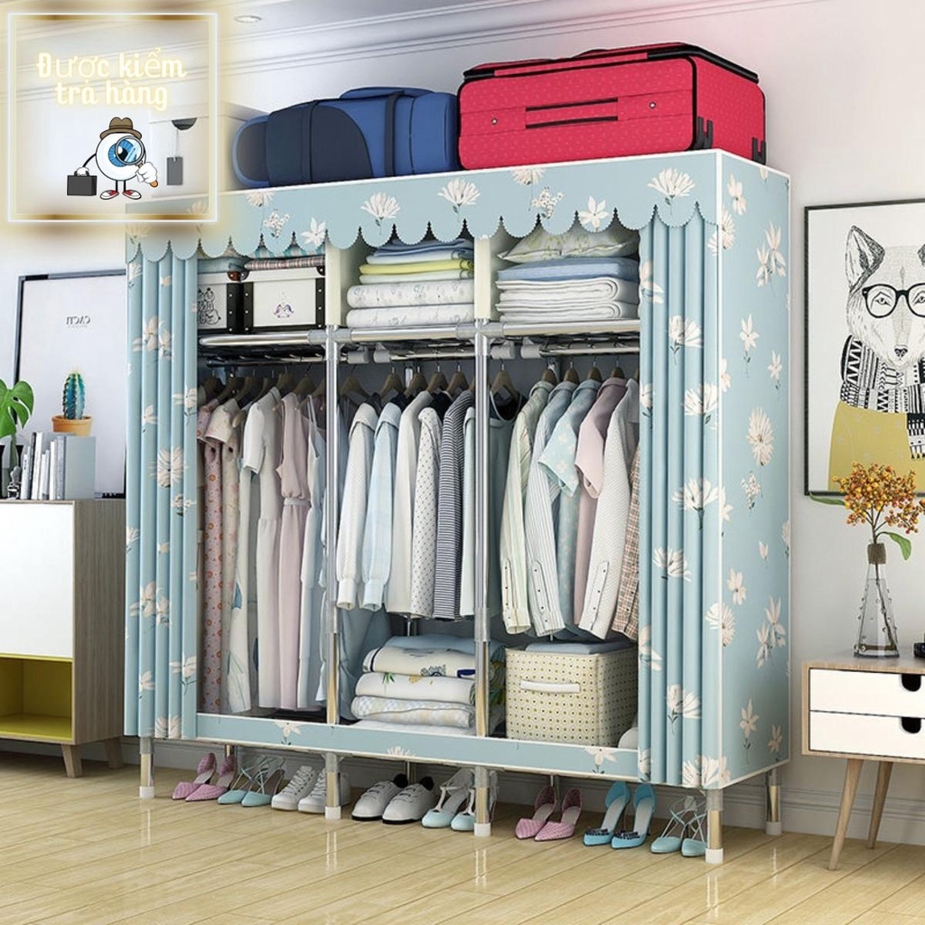 Tủ vải khung thép, tủ quần áo vải 3 buồng 6 ngăn khung thép titan cao cấp kích thước 130x170x45cm bảo hành 12 tháng