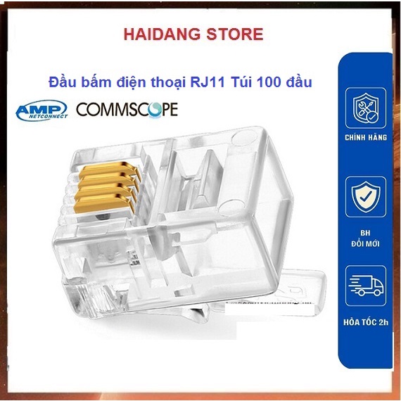 Đầu bấm,Hạt điện thoại RJ11 Chân đồng Hãng Commscope.