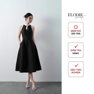 Váy dự tiệc, đầm dự tiệc glamour đen cổ sơmi đính cúc đá sang trọng, thanh lịch élodie