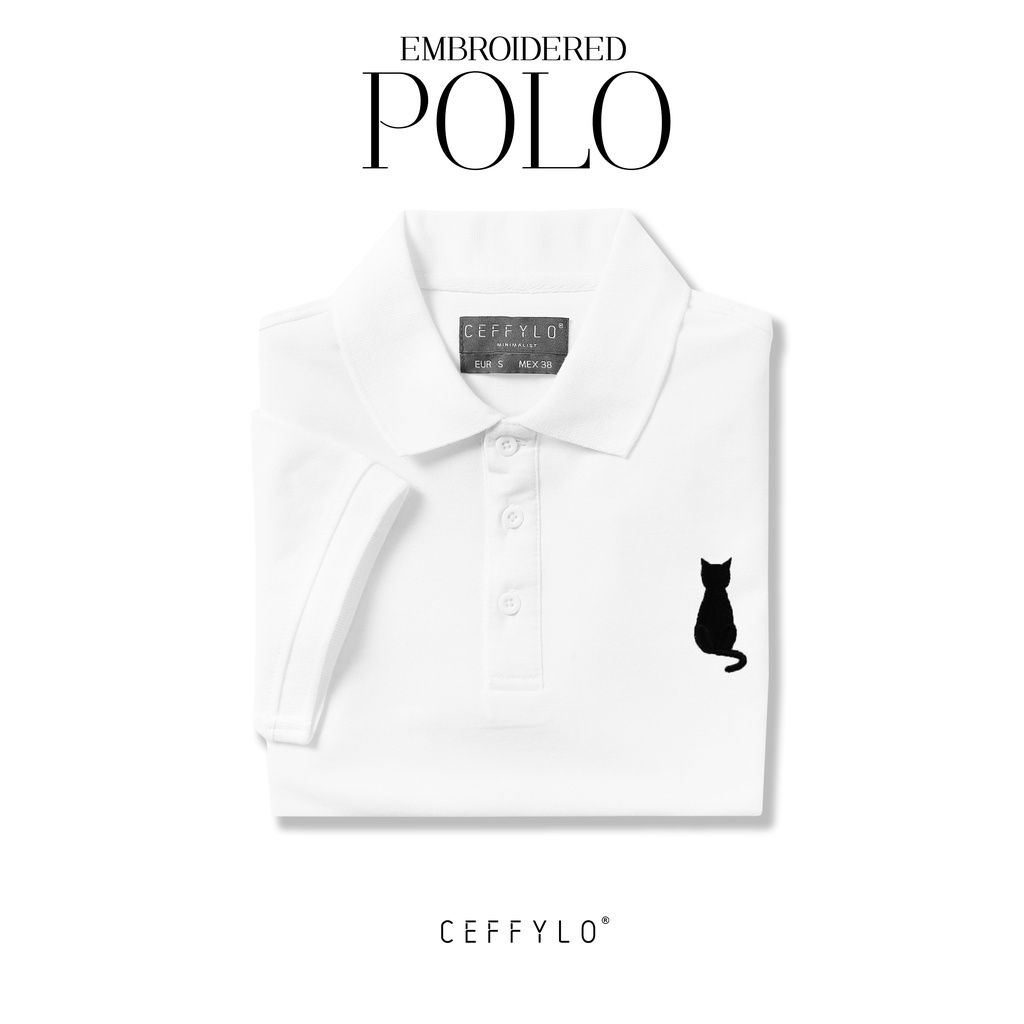 Áo Polo Nam Cộc Tay Thêu Ngực Hình Con Mèo Màu Trắng CF Chất Liệu Cotton ,Trẻ Trung , Form Slimfit ,Ceffylo