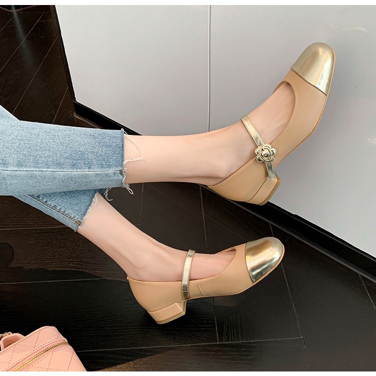 Giày búp bê nữ 3 cm mũi tròn mạ vàng kim gót vuông dây quai cài mạ mix hai màu sang trọng cá tính BO SHOP