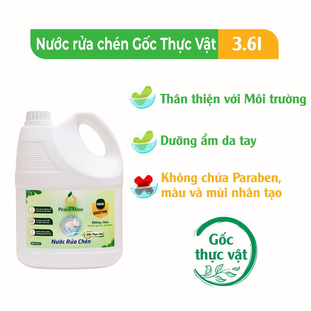 (THUỘC NHÒM SẢN PHẨM LÀNH TÌNH/ HỮU CƠ) Nước rửa chén Gốc Thực Vật Peace Mass sạch bóng chén bát, không đọng mùi, an toà