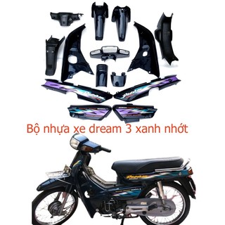 Bộ nhựa xe Dream 3 màu Xanh nhớt [TẶNG 1 BỘ TEM] Dàn áo nhựa nguyên sinh cao cấp cho xe Dream lùn, Dream Exces