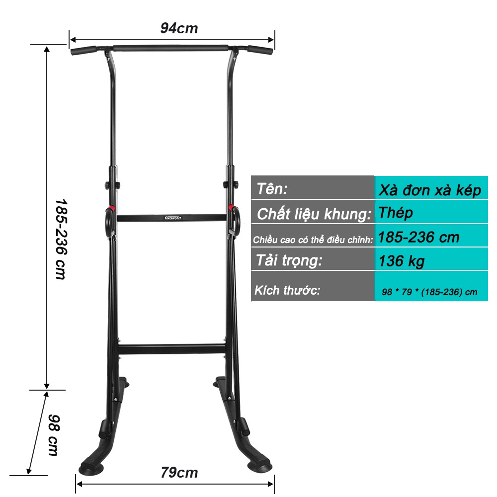 Xà đơn xà kép Onetwofit OT130 có thể điều chỉnh chiều cao dùng tập thể thao tại nhà 98cm*78cm*
