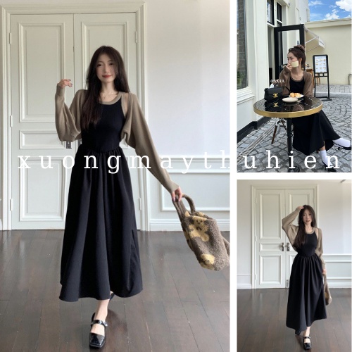 Set váy cổ yếm kèm cardigan/Đầm dáng dài thiết kế phía trên ôm body, dưới dáng xòe phong cách ullzang xuongmaythuhien