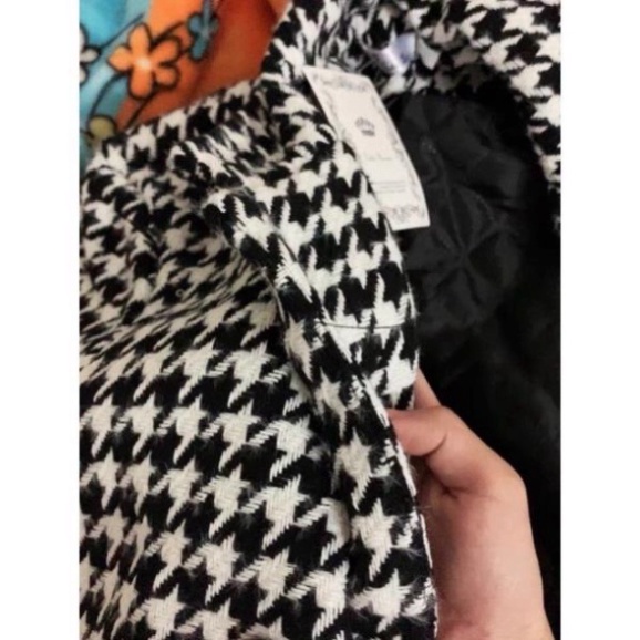 Áo khoác/ Áo dạ phối màu đen trắng kèm belt túi kẻ xinh xắn dành cho nữ