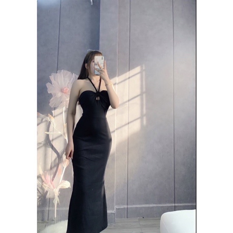 Có Mút Đầm Body Dây Thừng Xoắn Yếm Cúp Nơ Ngực Xương Cá Dáng Dài Đuôi Cá