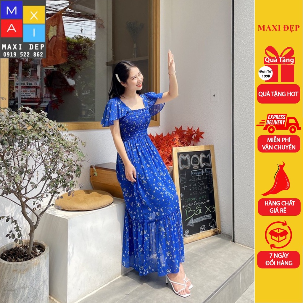 Đầm Tay Cánh Tiên Maxi Đẹp Hoa Nền Xanh Bích Freesize Ôm Dáng Model