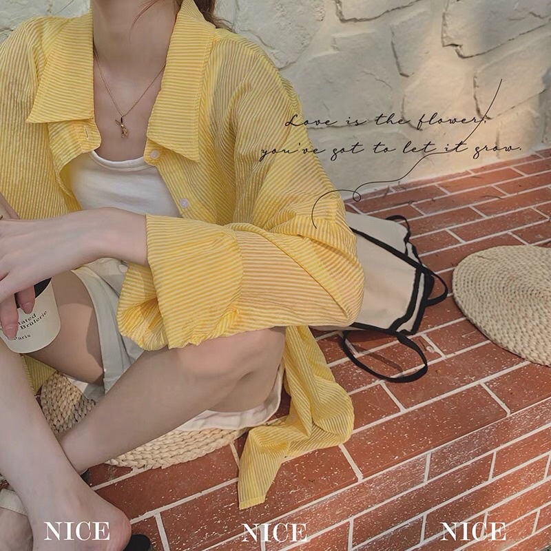 Áo sơ mi kẻ sọc dài tay màu vàng vải cotton siêu xinh❤️