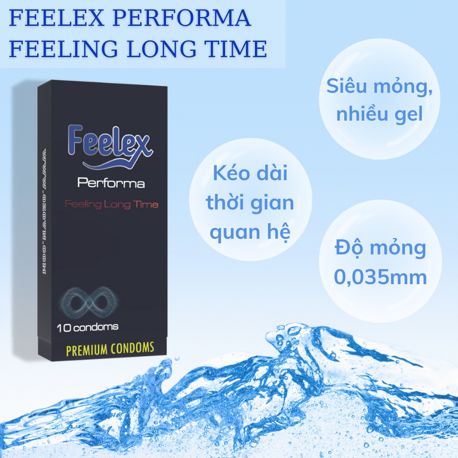 Bao cao su Feelex performa siêu mỏng, kéo dài thời gian, nhiều gel - hộp 10 bcs