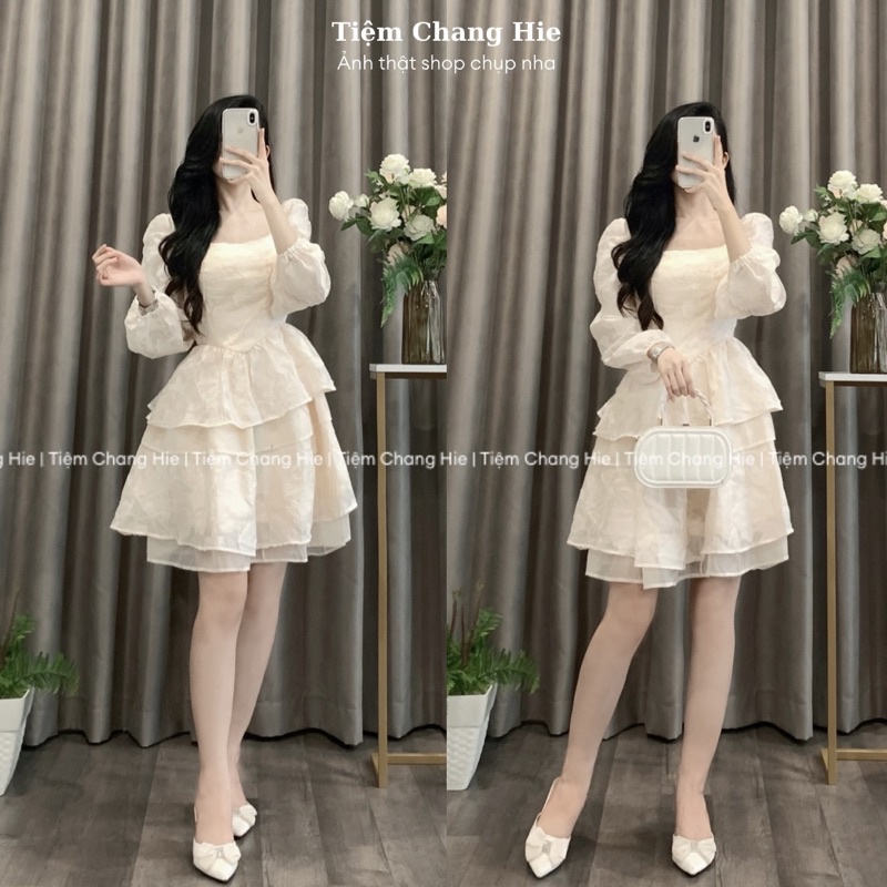 Đầm nữ thiết kế cổ vuông kem hoa nổi hở lưng| Váy nữ đi chơi du lịch sinh nhật kỉ yếu |Tiệm Chang Hie