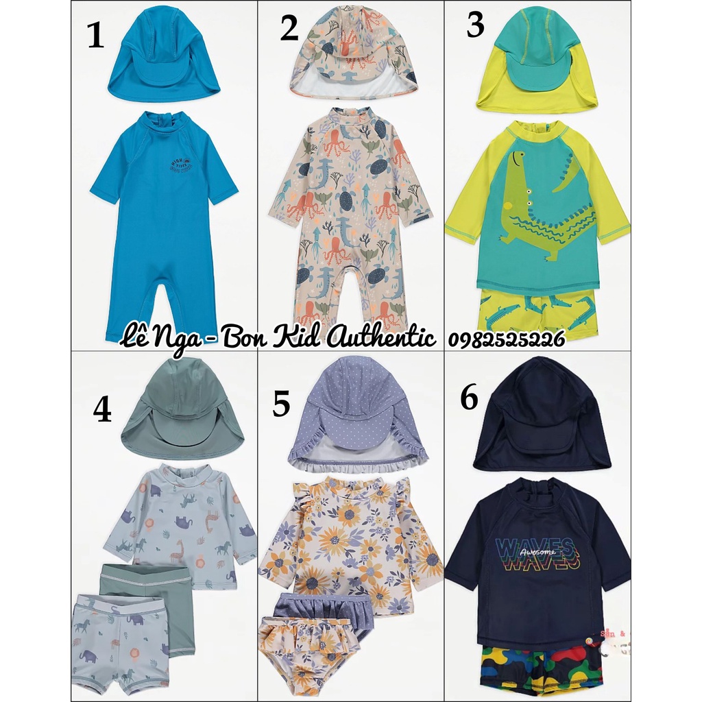 Set bộ quần áo bơi kèm mũ GEOGRE_UK sz 6-9m, 9-12m, 12-18m, 1.5-2y, 2-3y, 3