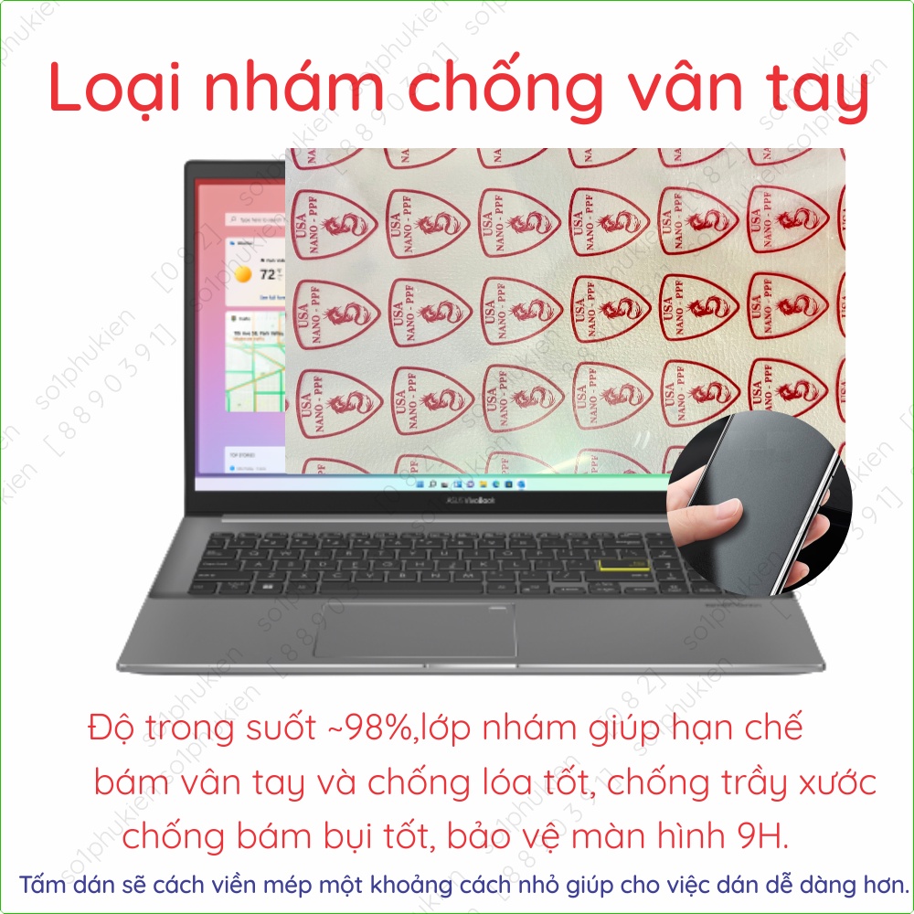 Dán màn hình cường lực laptop Asus VivoBook S533EA nano dẻo trong suốt, nhám chống vân tay, bảo vệ mắt