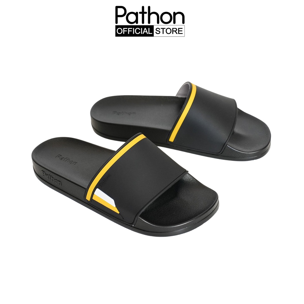 Dép nam nữ quai ngang slipper Pathon quai PVC và đế PU đen quai đen phối kẻ vàng trắng SD118