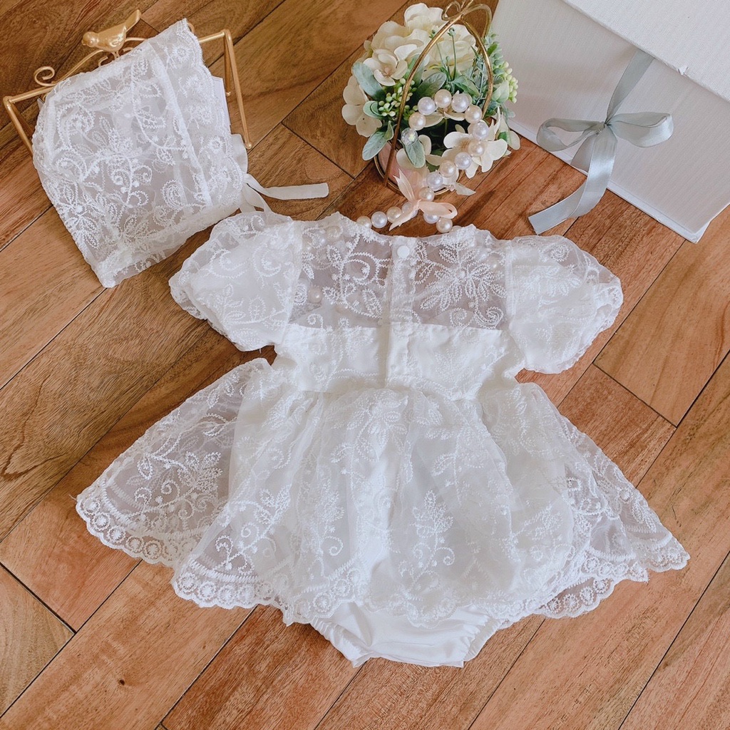 Body Váy Ren Trắng Cho Bé Gái Từ 4kg Đến 11kg Tặng Kèm Mũ Xinh Dịp Sinh Nhật, Thôi Nôi, Đầy Tháng