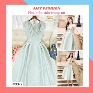 V3372 Váy xanh mint tafta cổ V phối ren [DVC&ACC] váy xoè dự tiệc đính ngọc nhân tạo nữ tính
