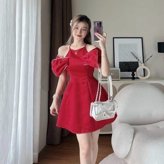 Đầm cổ yếm nơ tay viền 2 màu y hình thiết kế vừa trẻ trung vừa sang trọng