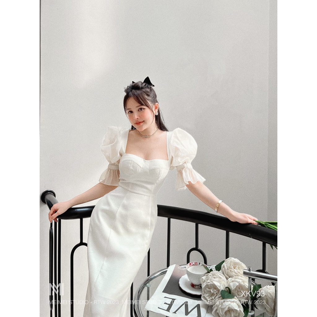 Đầm midi Fulio tay kính cúp ngực, cổ vuông, dáng ôm eo - Phù hợp mặc đi dự tiệc, đi chơi | XKV93 | Meimei Studio