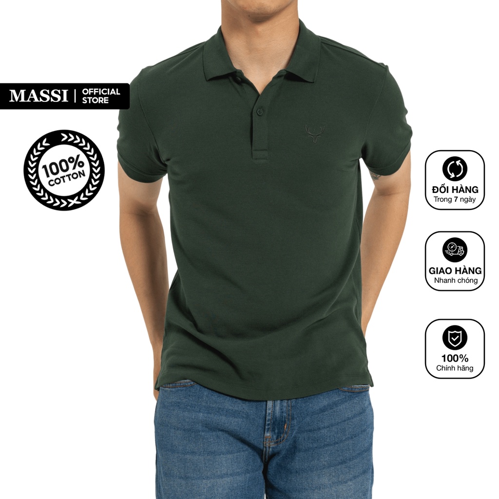 Áo Polo nam Massi 12 màu xanh rêu trơn logo thêu, chất liệu vải co giãn