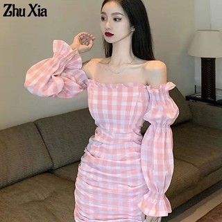 Đầm ZHUXIA tay dài cổ chữ V họa tiết kẻ sọc phối dây rút phong cách cổ điển ngọt ngào