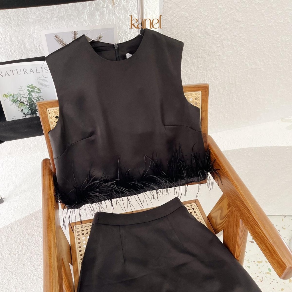 Set váy áo KANEL chân váy chữ A, áo sát nách nữ phối lông chân áo - S1592, áo sơ mi nữ sát nách 3 màu đen trắng ghi