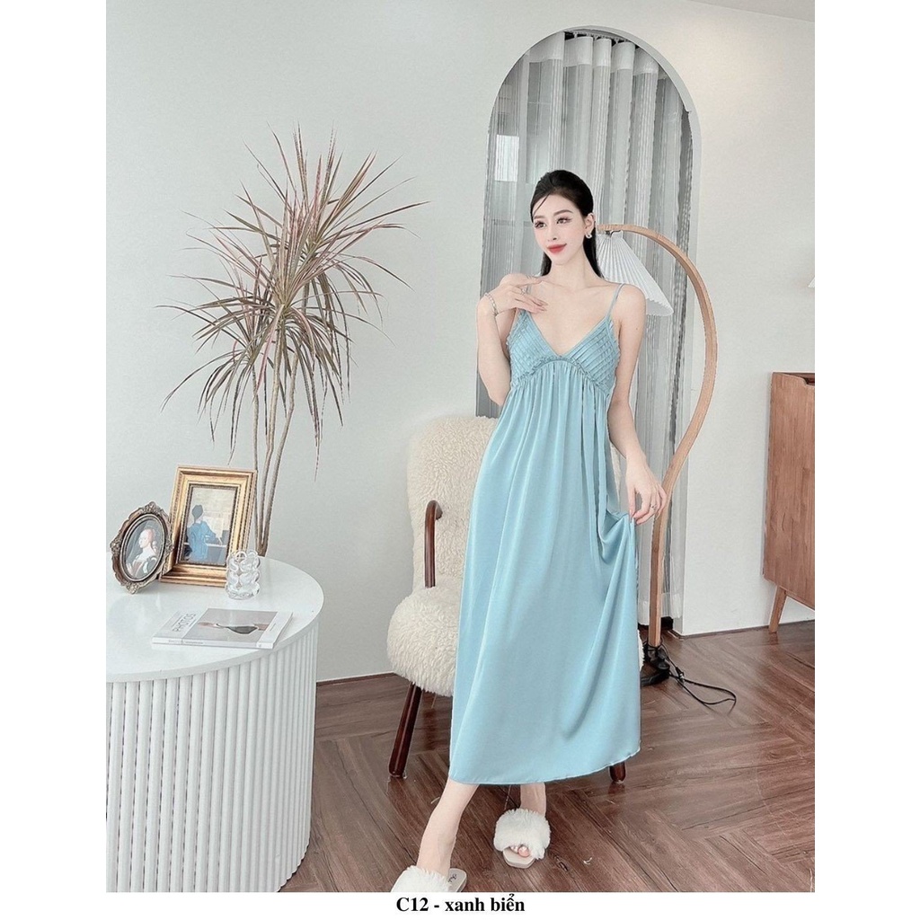 Đầm ngủ váy ngủ sexy C12 hàng hiệu CC HOMEWEAR dáng dài chất lụa maxi xếp li ngực