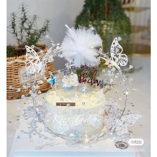 Vòng sắt + dây đá + bướm trắng (2 vòng đk25cm - dây 1m2)
