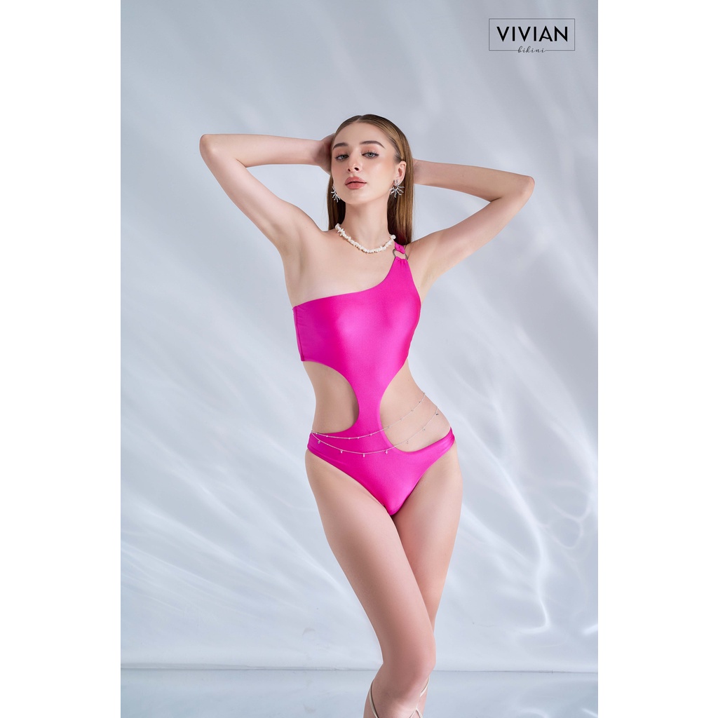 Đồ bơi nữ cao cấp 𝐕𝐈𝐕𝐈𝐀𝐍 dạng một mảnh lệch vai cutout &amp; phối váy cover cách điệu - Hồng - VS175_PK