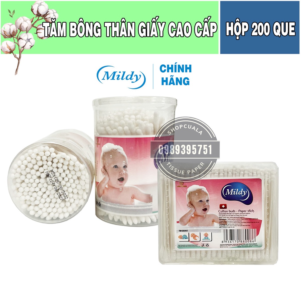 Tăm bông trẻ em thân giấy cao cấp Midly - hộp 200 que 2 đầu bông