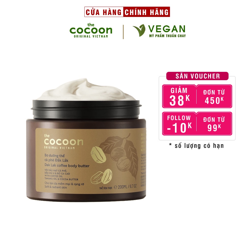 Bơ dưỡng thể cà phê đắk lắk cocoon 200ml thuần chay