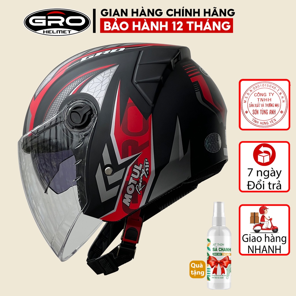 Mũ Bảo Hiểm 3/4 đầu GRO Helmet, thiết kế 2 kính tiện lợi, khóa kim loại chắc chắn - Nhiều màu