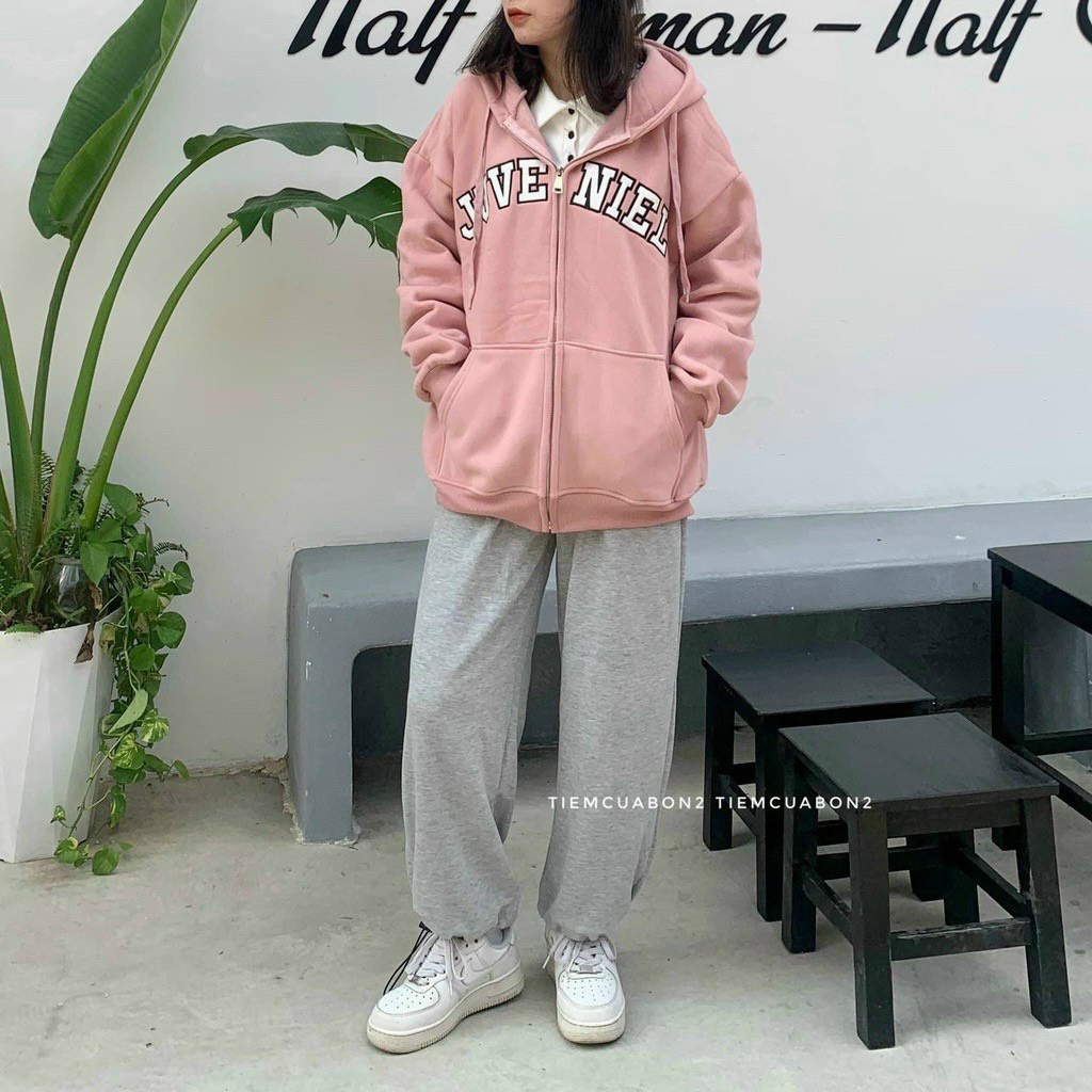 Áo Hoodie Nỉ Ngoại Tay Phồng Thêu Chữ Form Rộng Thoải Mái, Áo Khoác Hoodie Cute Có Túi Trước