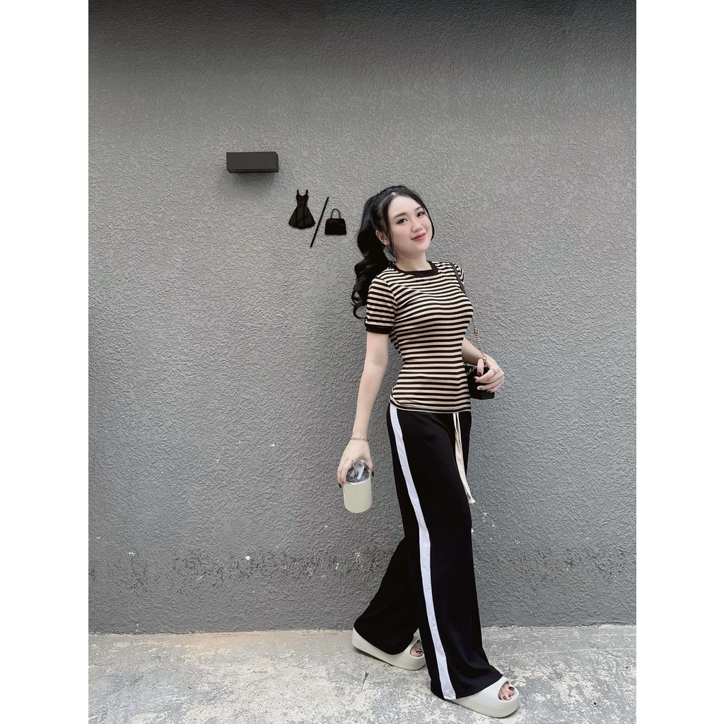 [4.4 Sales Freeship] Set áo thun cổ tròn tay ngắn kẻ sọc ngang phối quần đen dài ống rộng phối viền trắng cá tính